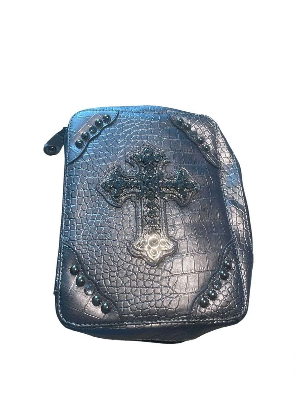 Embellished Cross Embossed Faux leather Bible cover - Metallic silver 11 x 8